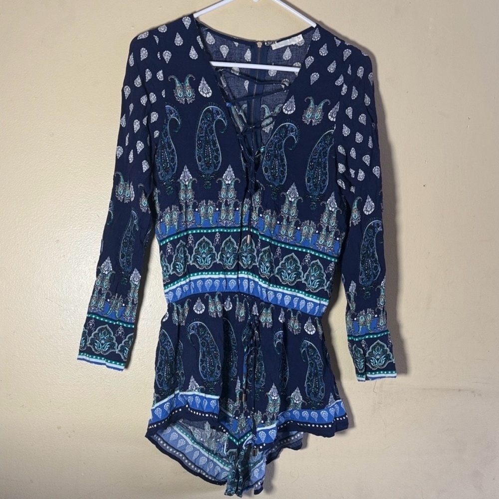 Le Salty Label Navy Paisley Romper Size M Boho Festival Long Sleeve Zip Bacl